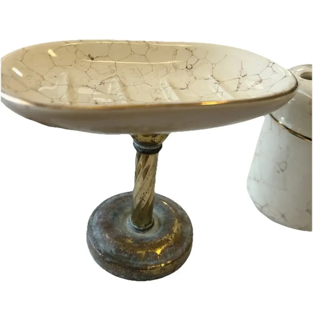 Vtg Brass Pedestal Soap Dish & Holder Porcelain Marbled Regency Decor Set 3